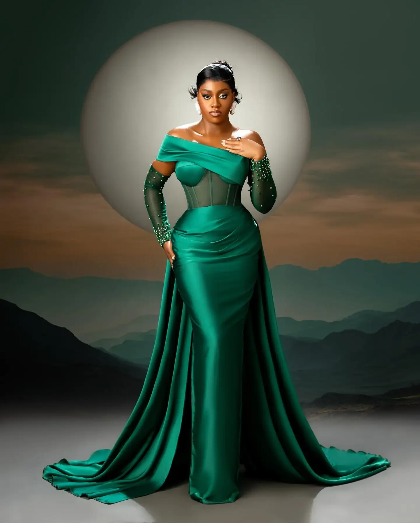 Robe de bal sirène en Satin vert émeraude, élégante, Style sud-africain, épaules dénudées, perlée sur la manche avec traîne