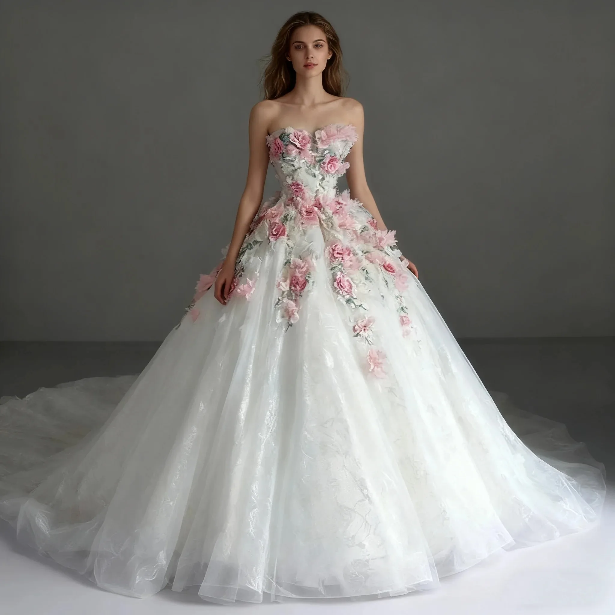 Benutzerdefinierte romantische 3D rosa Blume Braut Ballkleid Luxus trägerloses A-Linie Tüll Brautkleid elegante Prinzessin Brautkleid