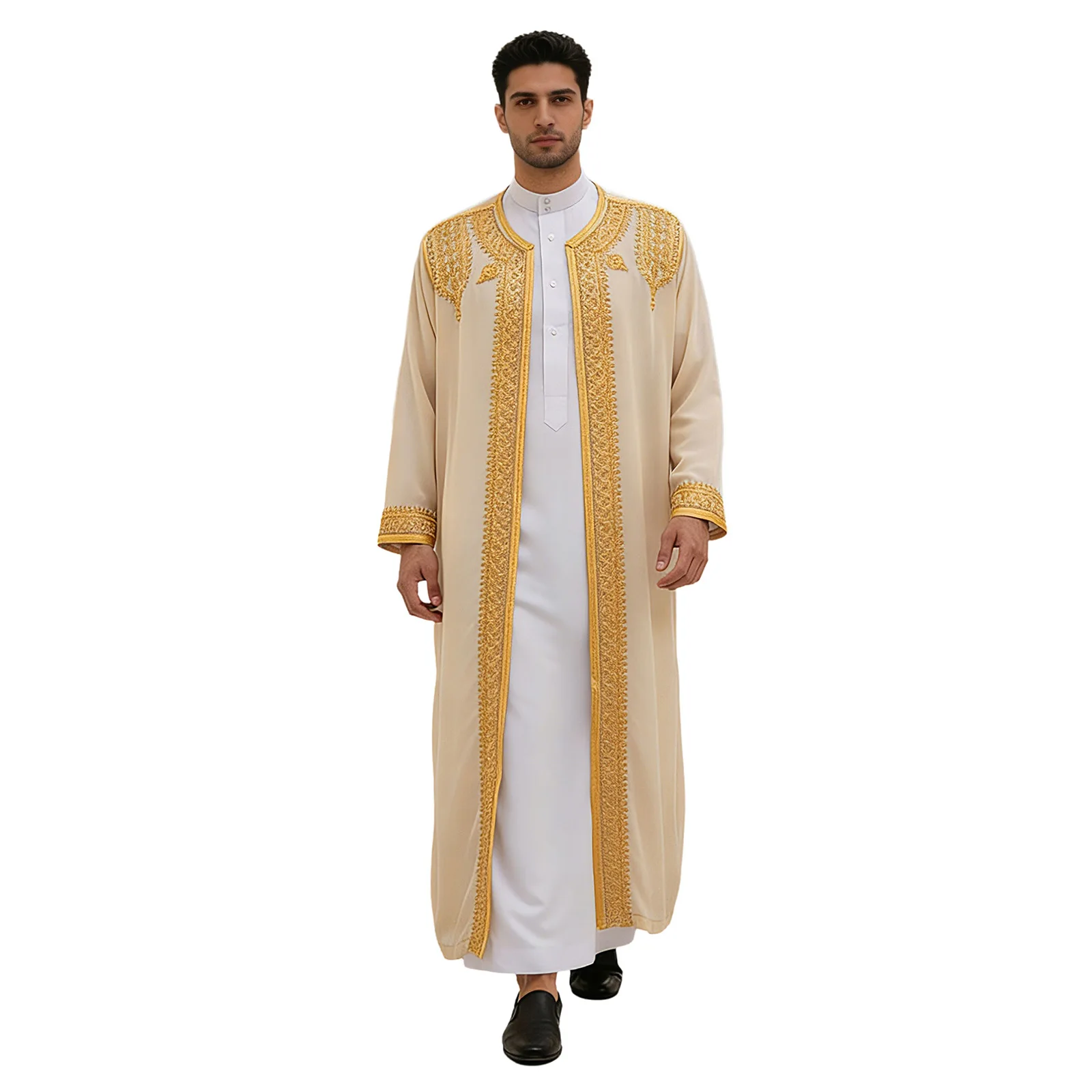 

Men Middle-eastern Arab Embroidered Robe Exquisite Gold Trim Long Sleeve Open Front Thin Thobe Robe Exotic Style Cardigan Jacket
