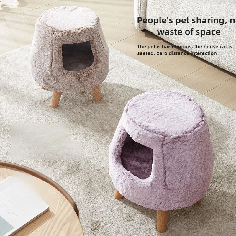 Pet and Human Shared Foot Stool Winter Double-layer Cat's Nest Solid Wood Frame Bunk Beds Comfortable Plush Pet House