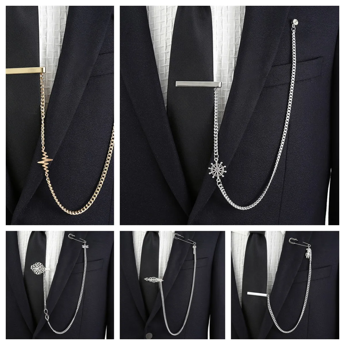 Fashion Tie Clip Long Chain Dress Suit Men's Gold Silver Tie Clip Rudder ECG Bear Clip