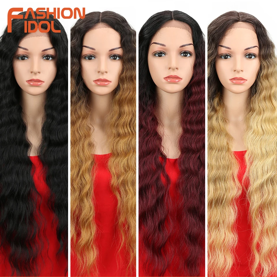 FASHION IDOL 30inch/75cm Water Wave Lace Wigs Synthetic Curly Hair Lace Front Wigs Ombre Blonde Deep Wave Cosplay Wigs For Women