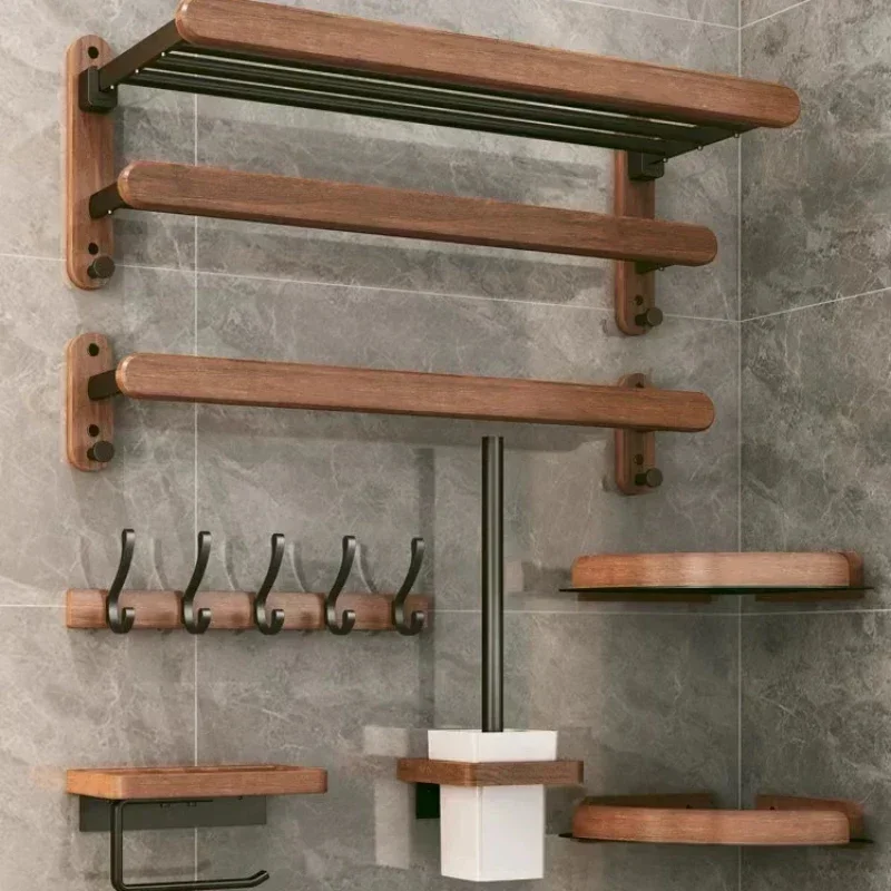 

Walnut towel rack bathroom shelf toilet wall mounted washroom storage organizer bath towel holder bathroom accessories