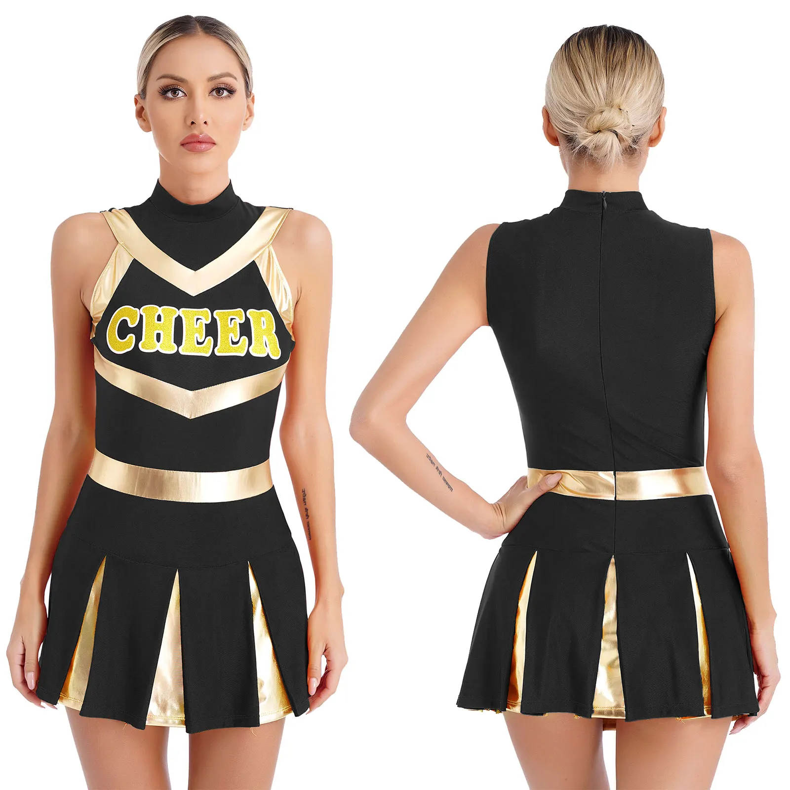 

Womens Cheerleader Cosplay Costume Schoolgirl Cheerleading Carnival Party Performance Uniform Sleeveless Pleated Print Dress