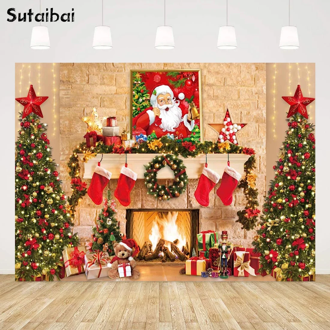 Santa Claus Chirstmas Fireplace Photo Backdrop for Family Photography New Year Eve Tree Star Happy Winter Holiday Birthday Party