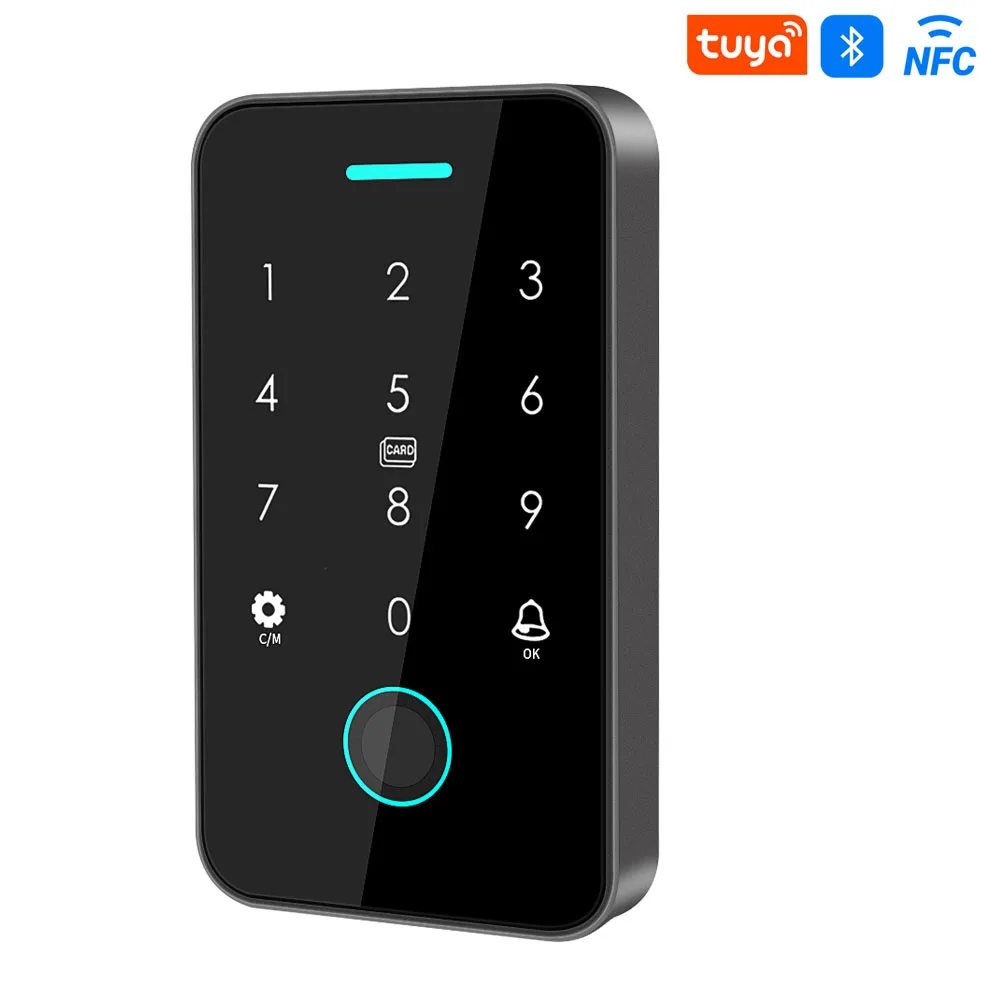 NFC Bluetooth Tuya APP Backlight Touch 13.56Mhz RFID Card Access Control Keypad Door Lock Opener WG Output IP66 Watreproof