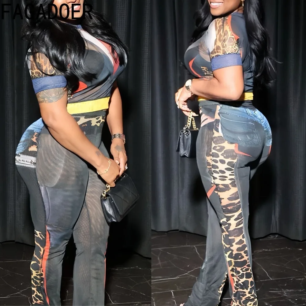 

FAGADOER Fashion Leopard Print 2 Pieces Set for Woman See Through Shorts Sleeve Crop Tops + Pants Matching Midnight Club Outfits