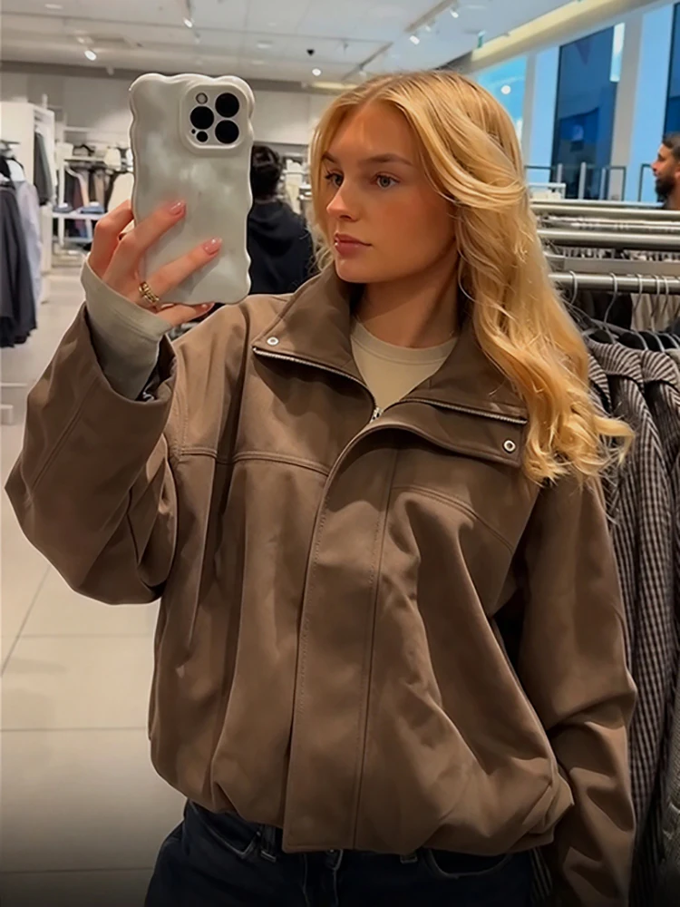 Stylish Brown Faux Leather Crop Jacket Trend Stand Collar Zip Up Long Sleeve Loose Coat 2026 Autumn Lady Daily Casual Streetwear