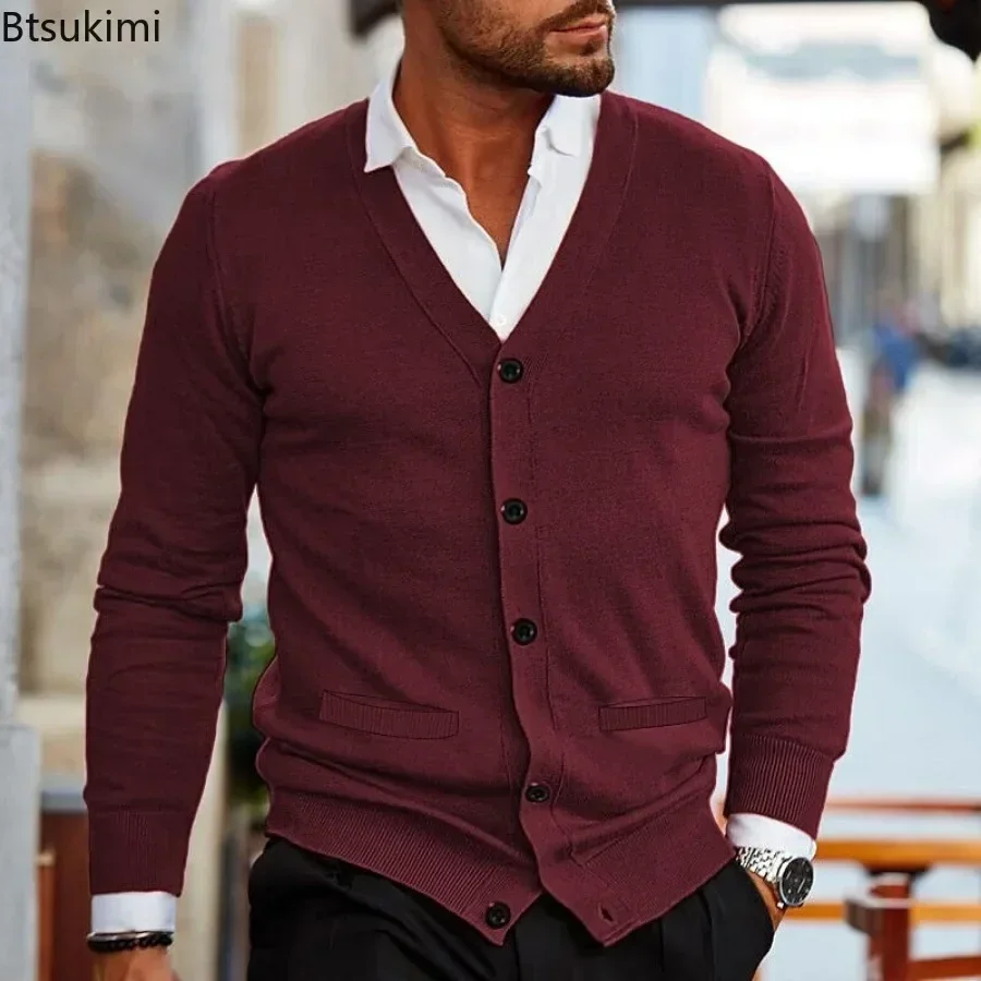 2025 suéteres de punto lisos para hombre Otoño Invierno manga larga cuello en V chaqueta cárdigan abotonada hombre de negocios Casual suéter ajustado abrigos