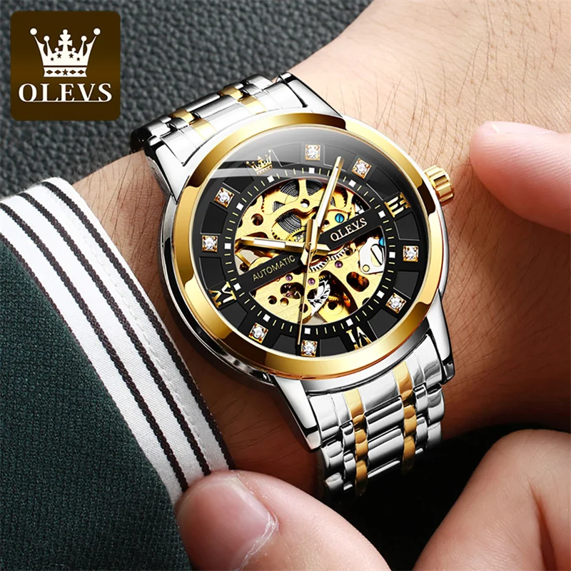 OLEVS-Reloj de pulsera de acero negro para Hombre, accesorio masculino resistente al agua, luminoso, informal, automático, mecánico, deportivo