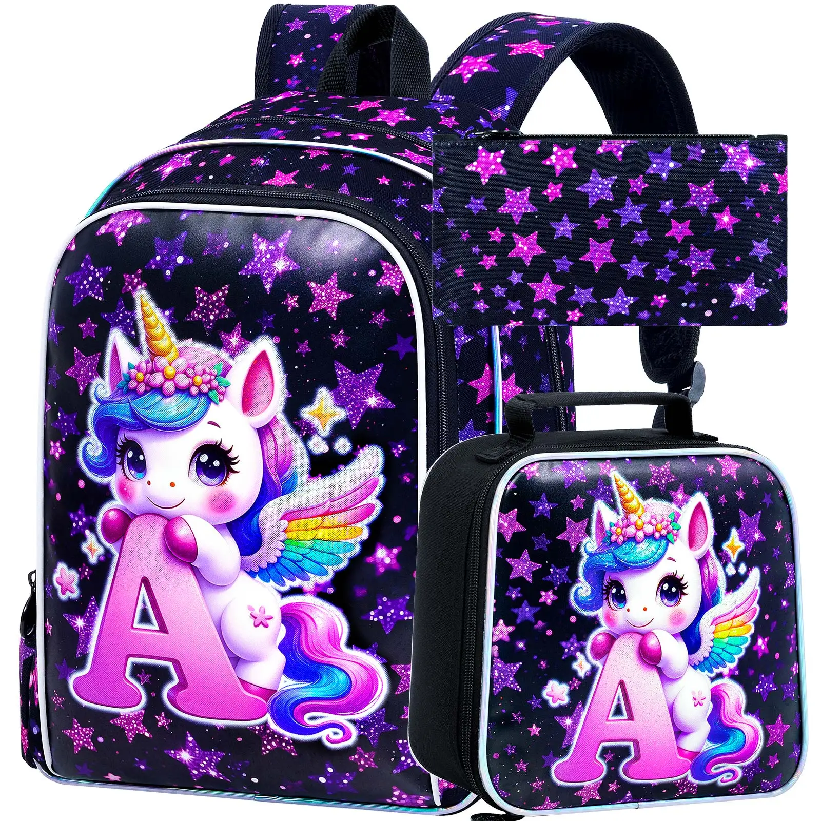 

3Pcs Unicorn Backpack, 16” Girls Bookbag with Lunch Box, Kids Elementary School Bag for Kindergarten Preschool Toddler (Black)