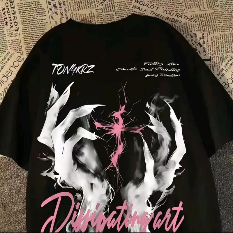 Summer Light Gray Ink Smoke Demon Wings Pink Cross Print T-Shirt Men Streetwear Loose Casual Apricot White Short Sleeve Top