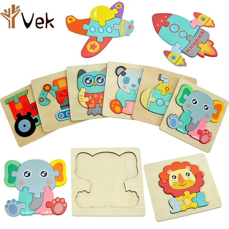 3D Puzzle Montessori Wooden Toys For Cartoon Animal Vehicle Wood Jigsaw Kids Baby Early Educational Learning Puzzles Bricks