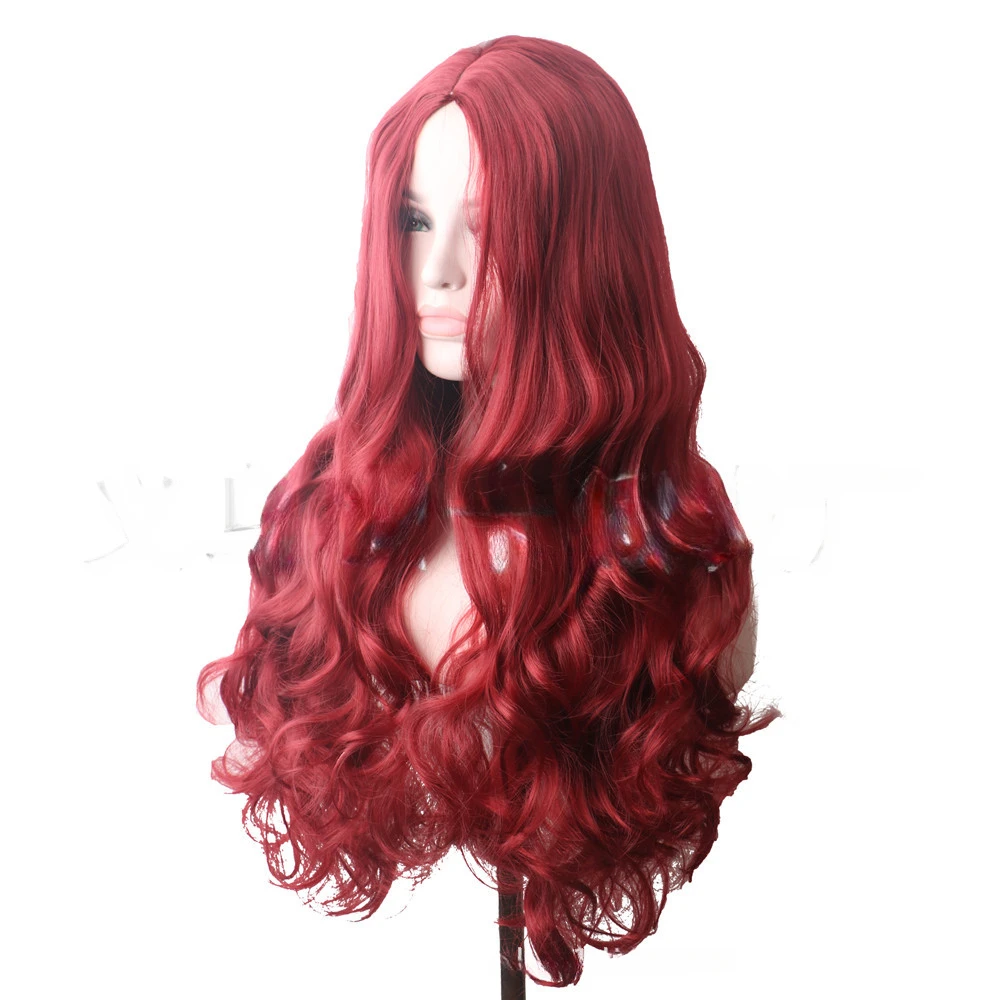 Wine red set for women with long curly hair large waves rose mesh synthetic fiber high-temperature silk wig