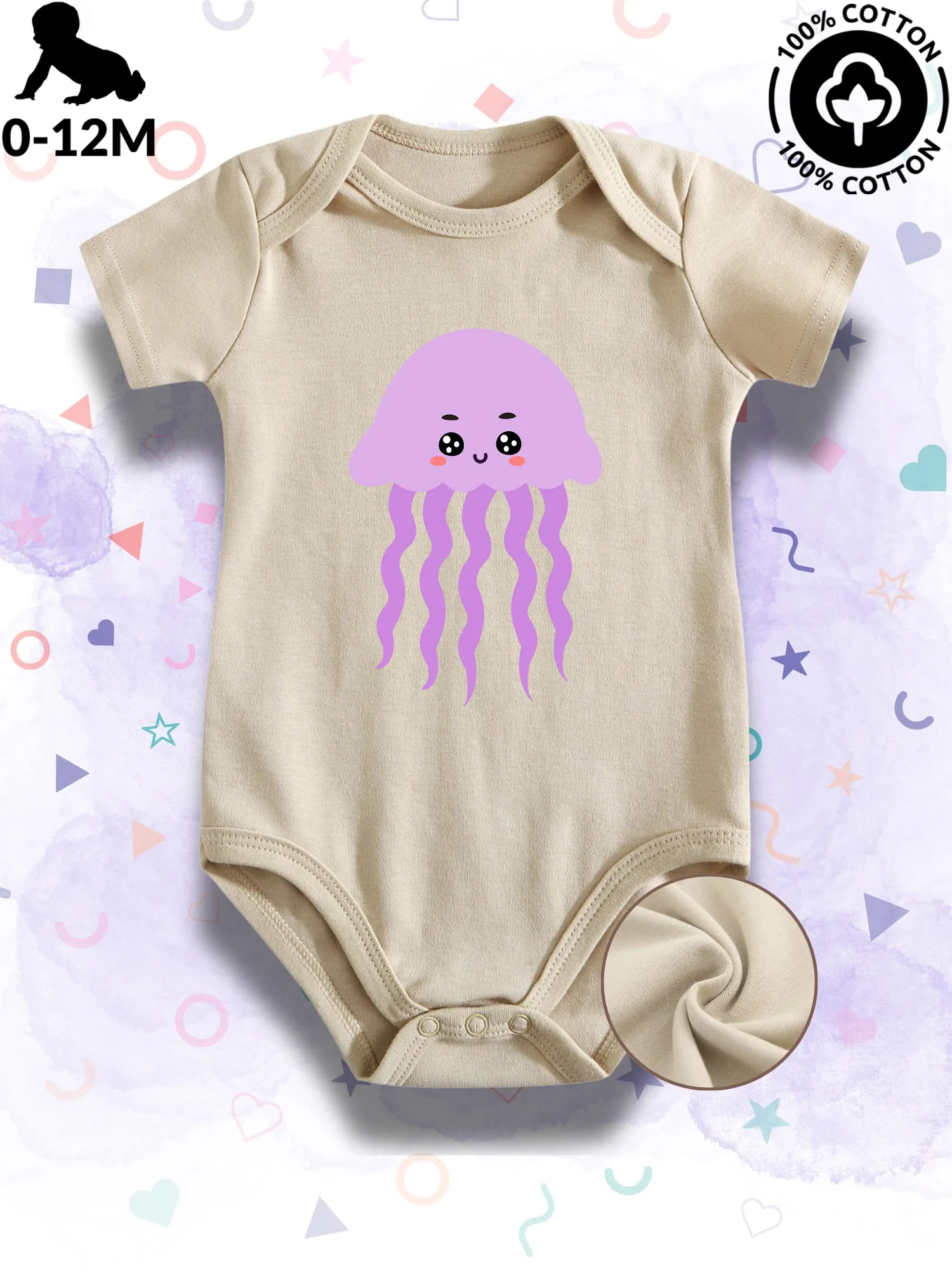 

Purple Jellyfish Unisex Baby Bodysuit, 100% Cotton Soft Onesie, All-Season Wear Beige Crawling Suit 190GSM
