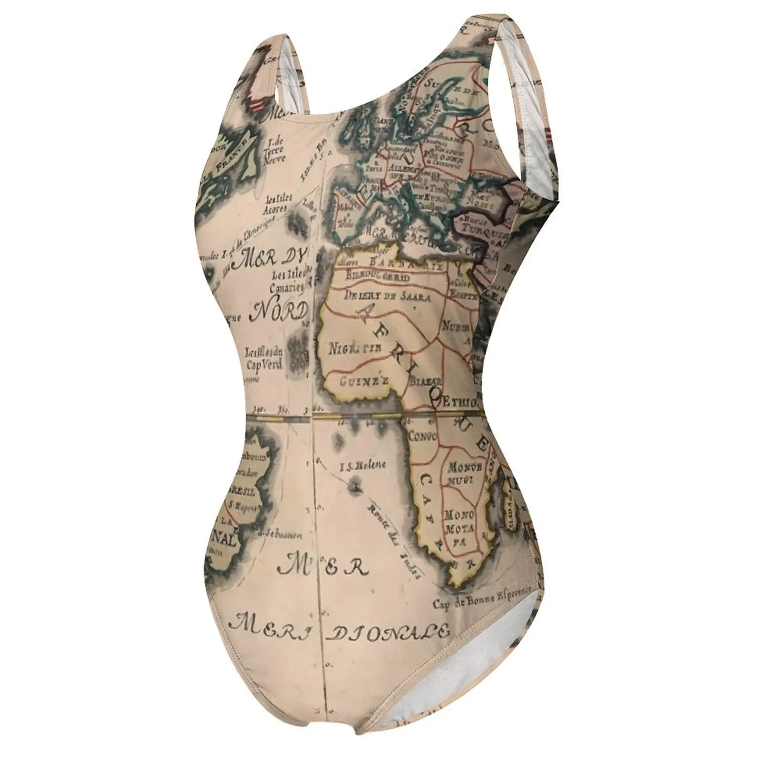 Old World Map 1714 Swimsuit Country Map Swimwear One-Piece Vacation Bath Bodysuit Monokini Female Push Up Sexy Beach Outfits