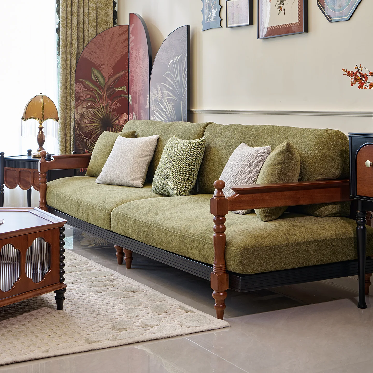 Retro solid wood sofa small apartment living room fabric straight row sofa simple living room sofa three people