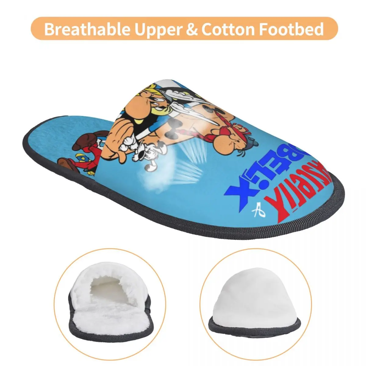 Women Asterix-and-Obelix Humor Cartoon House Cotton Slippers Bedroom Funny Soft Household Fur Slides Slippers Non-slip