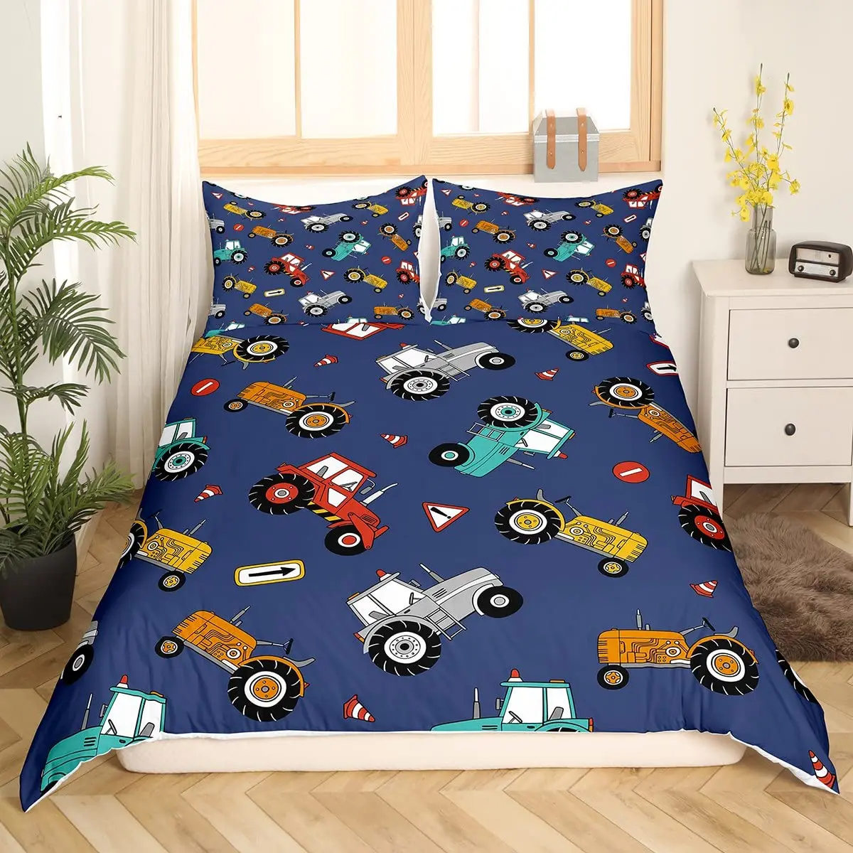 Truck Excavator Bedding Set,Under Construction Comforter Cover,Cartoon Car Duvet Cover Twin Machinery Equipment Bedspread Cover