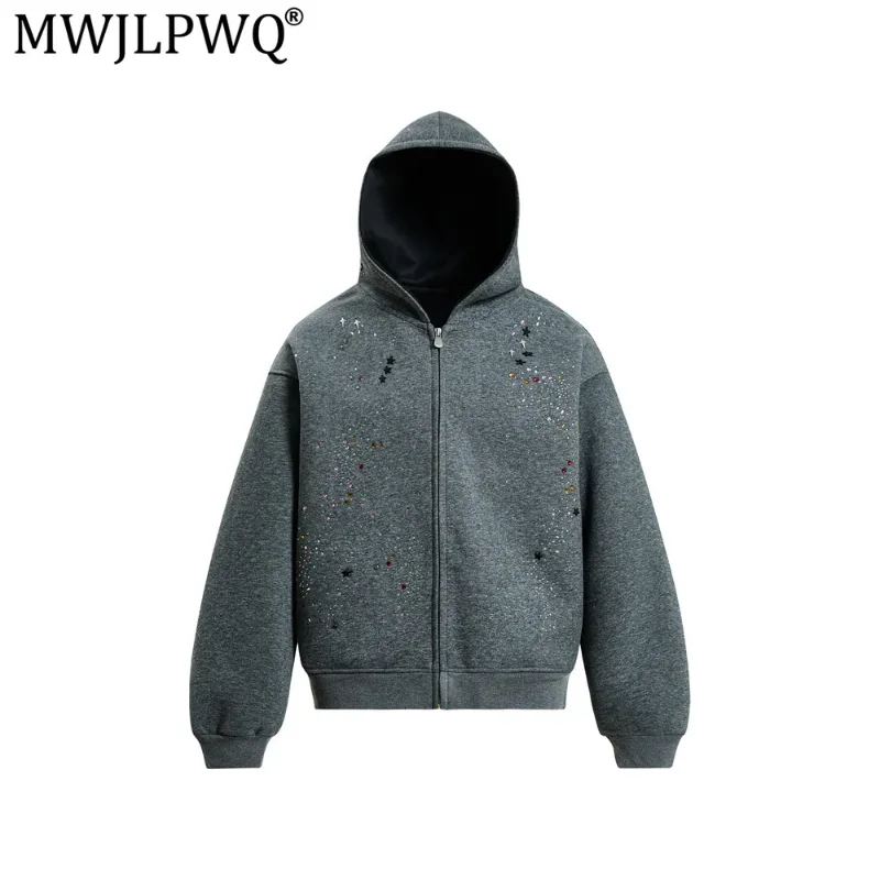 MWJLPWQ Men's Hooded Cardigan Sweatshirt Colorful Rhinestones American Trend Rhinestone Design Unique Loose Autumn Tops 20504