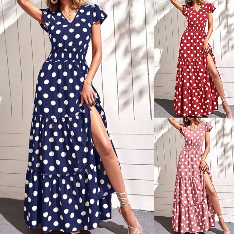 Summer New Women's Fashion V-Neck Short Sleeve Side Split Medium And Long Polka Dot Dress