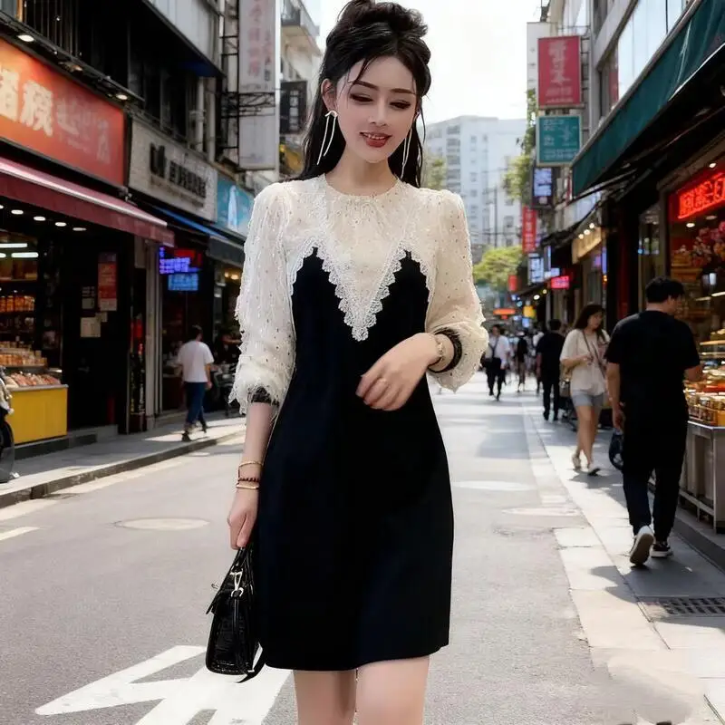 

Осень/зима 2022, новая мода в западном стиле, маленький ароматный стиль, расшитое бисером кружево, поясная коллекция, модное платье с длинными рукавами