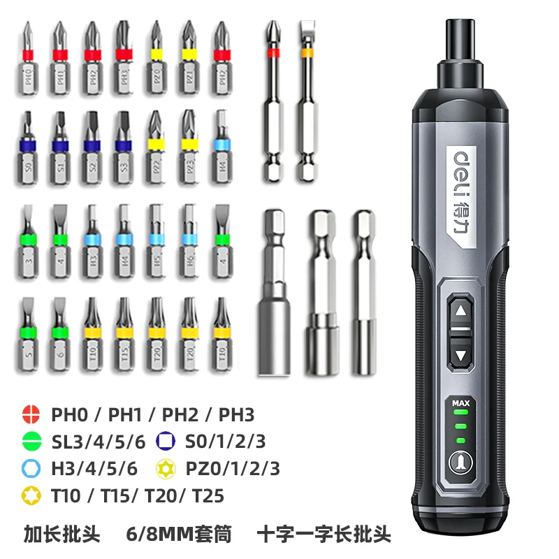 DELI Mini-Elektroschrauber-Set, 4 V, intelligente Akku-Elektroschrauber, Typ C, wiederaufladbar, 33-Bit-Set, Bohrmaschine, Elektrowerkzeug-Set