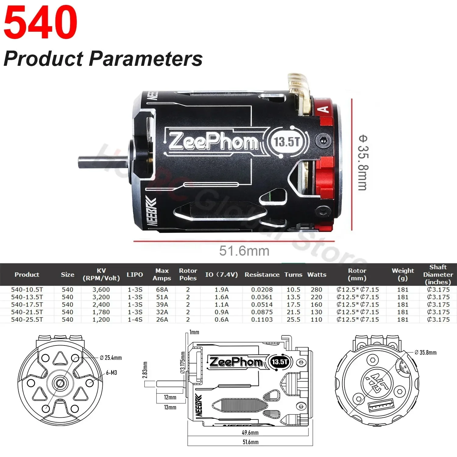 NEEBRC SPEC 540 10.5T 13.5T 17.5T 21.5T 25.5T Sensored Borstelloze Motor Hoge precisie voor 1/10 RC Drift Racing Competitie Auto