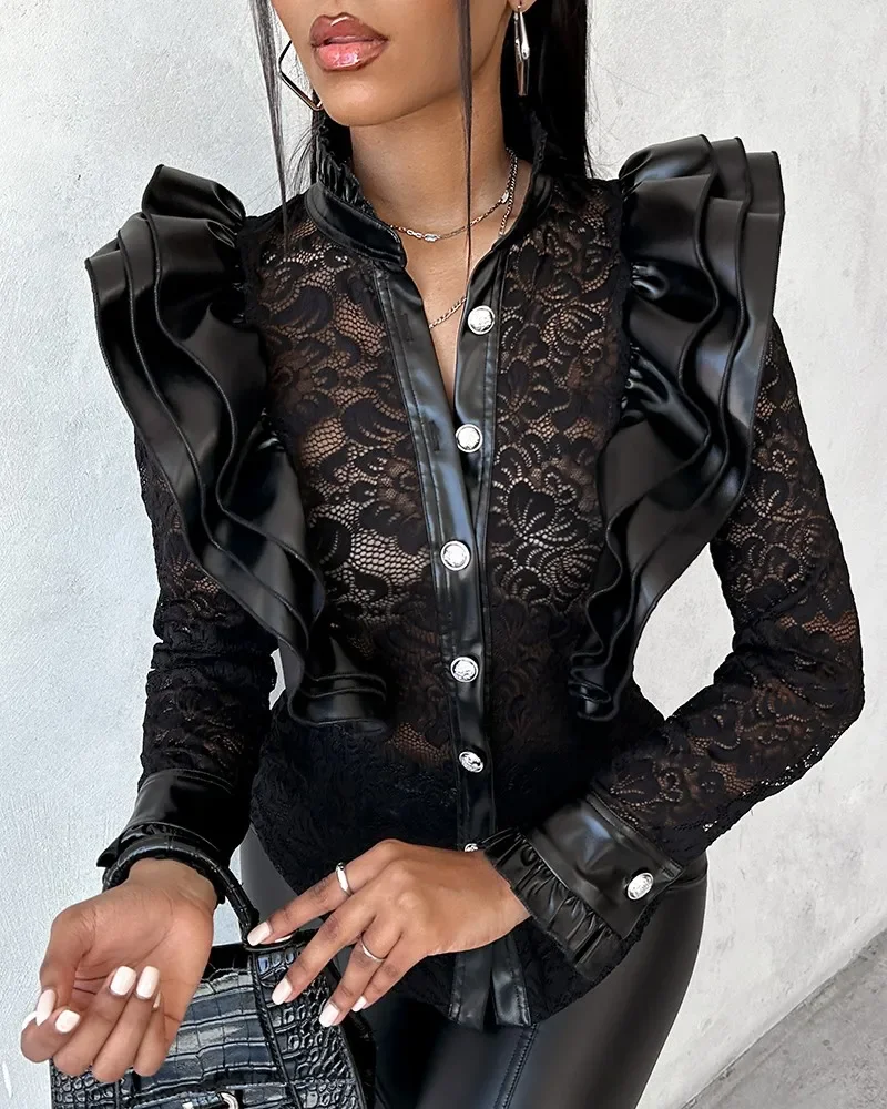 Sexy Pu Leather Shirts Women Tops Long Sleeve Vintage Blouse Buttoned Ruffle Lace Patchwork Top Women Office Outfit Shirt