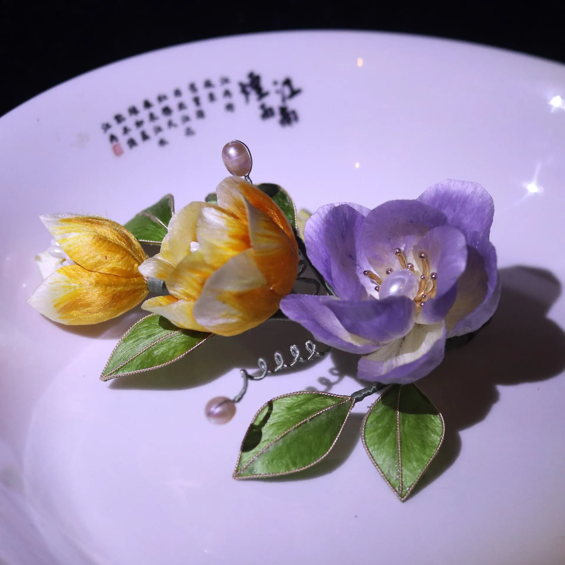 

Hand-cut Velvet Flowers, Purple And Orange Rose Hair Comb, Classical Silk Thread, Purple Headwear