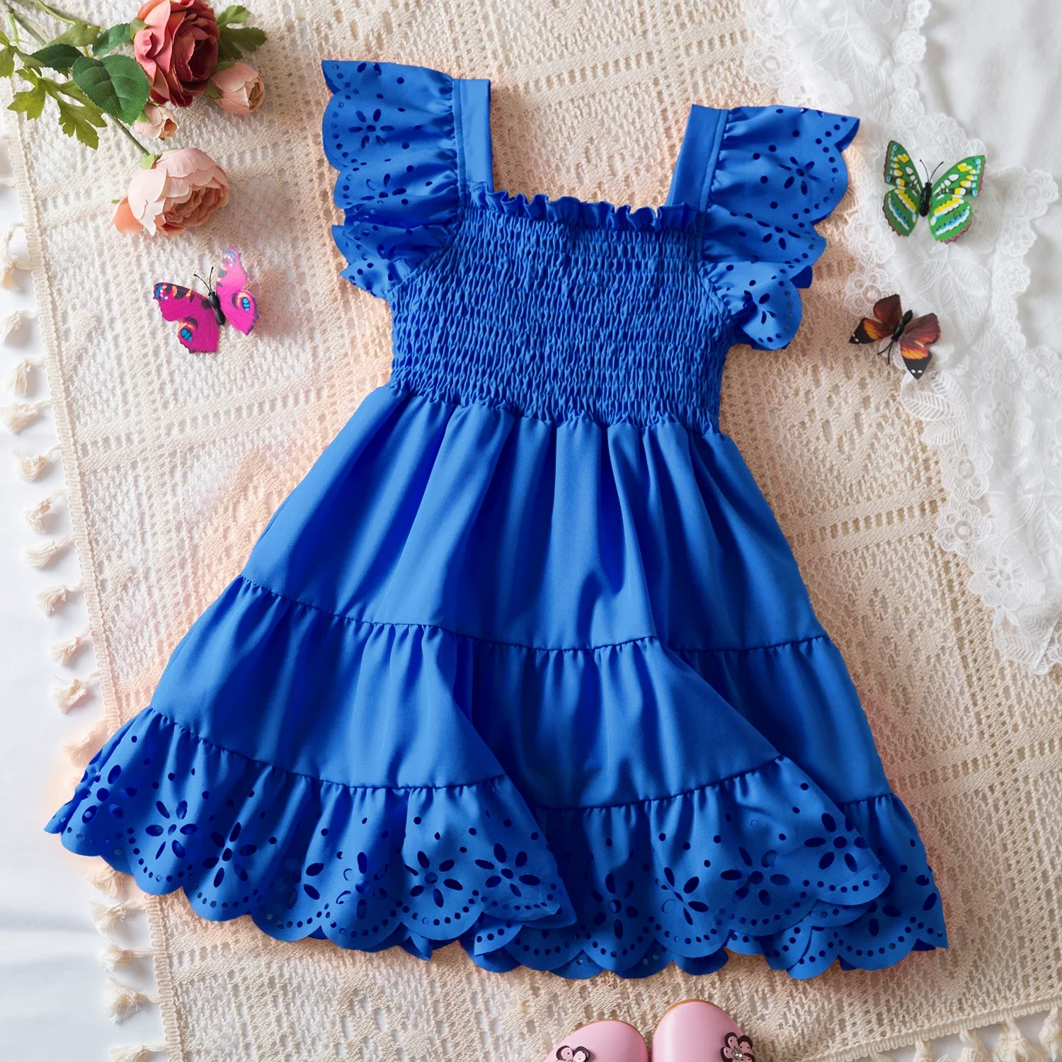 Cute Baby Girls Dress Summer New Girls\' Clothing Ruffle Sleevele Princess Frocks Hollow Out Fashion Birthday Party Kids Dresses