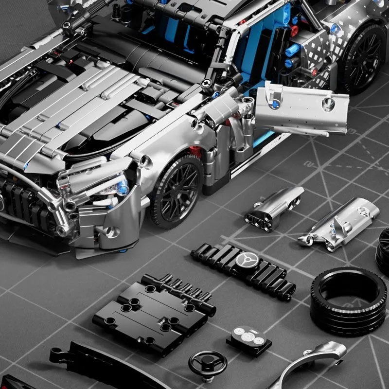 1:14 Mercedes AMG GT Silver Chrome Supercar Building Blocks Set, 1300PCS Technical Mechanical Race Car Model, Compatible Bricks, view 5