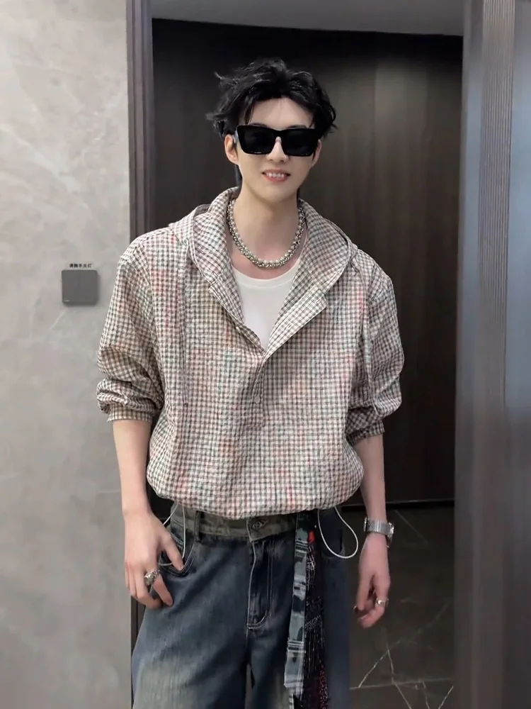Men's Spring Summer Plaid Bubble Shirt Lightweight Waist-Cinching Hooded Casual Style Long Sleeve Button-Up Spring Freshness