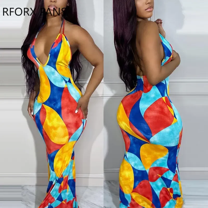 2023 Women Chic Spaghetti Straps Deep V Neck All Over Print Backless Maxi Sexy Bodycon Vacation Dress