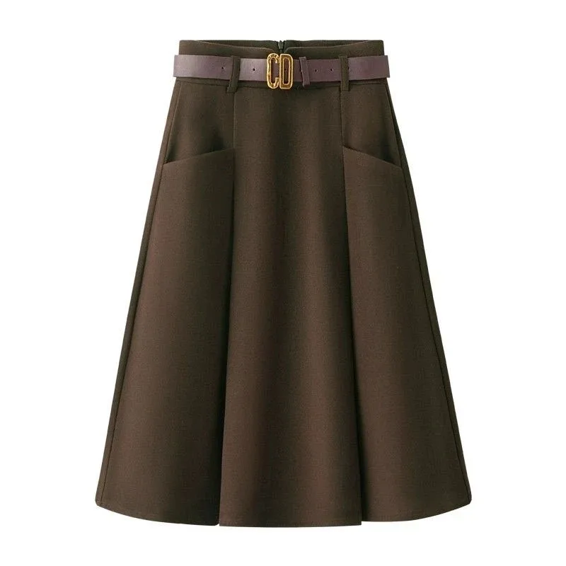 Women Fashion Woolen Mid Length Skirts 2026 Lady A-line Large Umbrella Skirt Spring Autumn Femme High Waist Pleated Maxi Skirt
