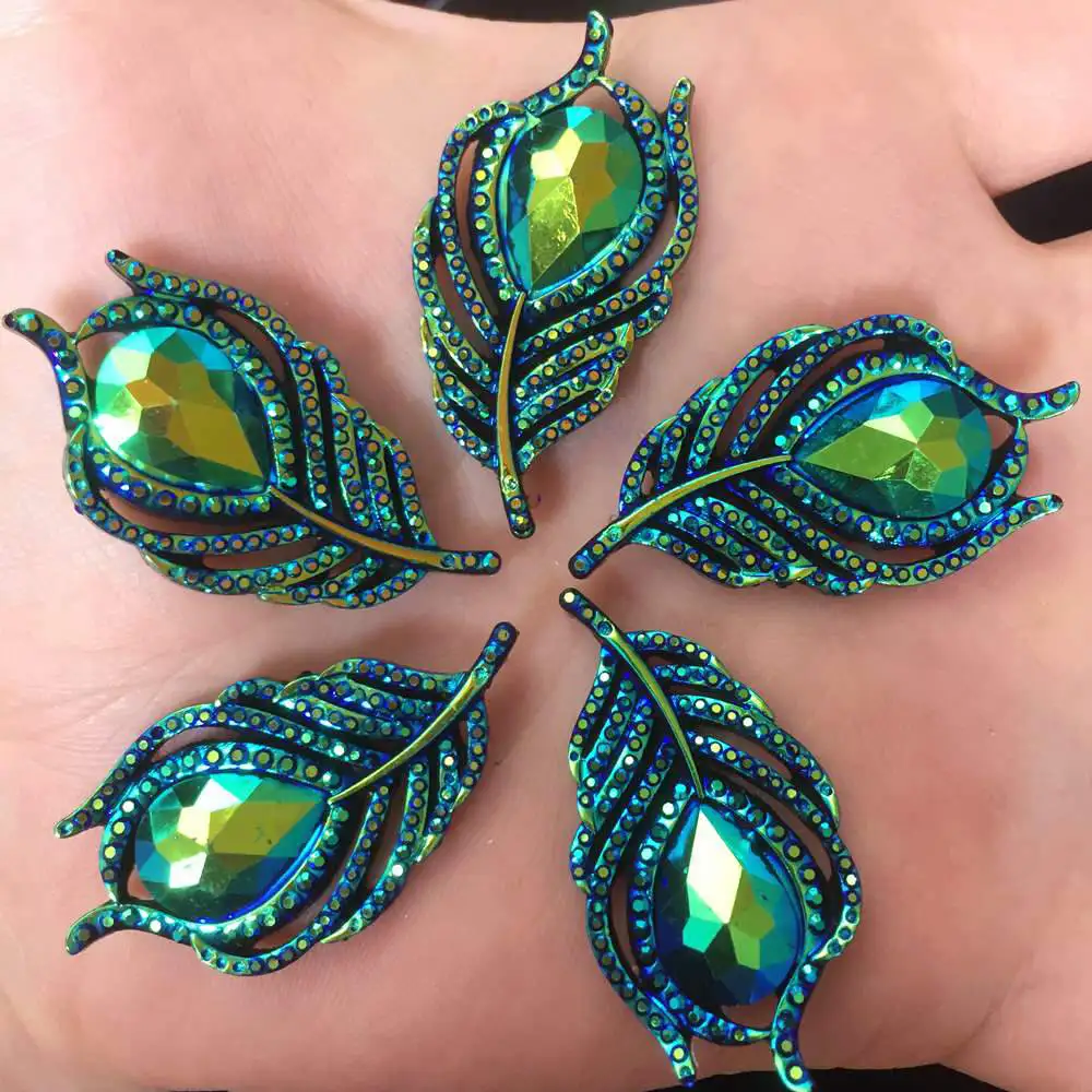 New 10PCS AB Resin 3D Peacock Feathers Flatback Rhinestone Wedding DIY Buttons W194