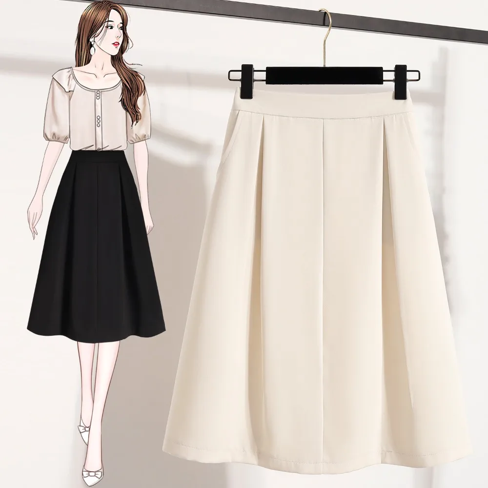 

Casual Chic Pockets Ruched A-line loose slim Skirts Korean Fashion Office Lady Midi dress Summer Plus Size women clothing