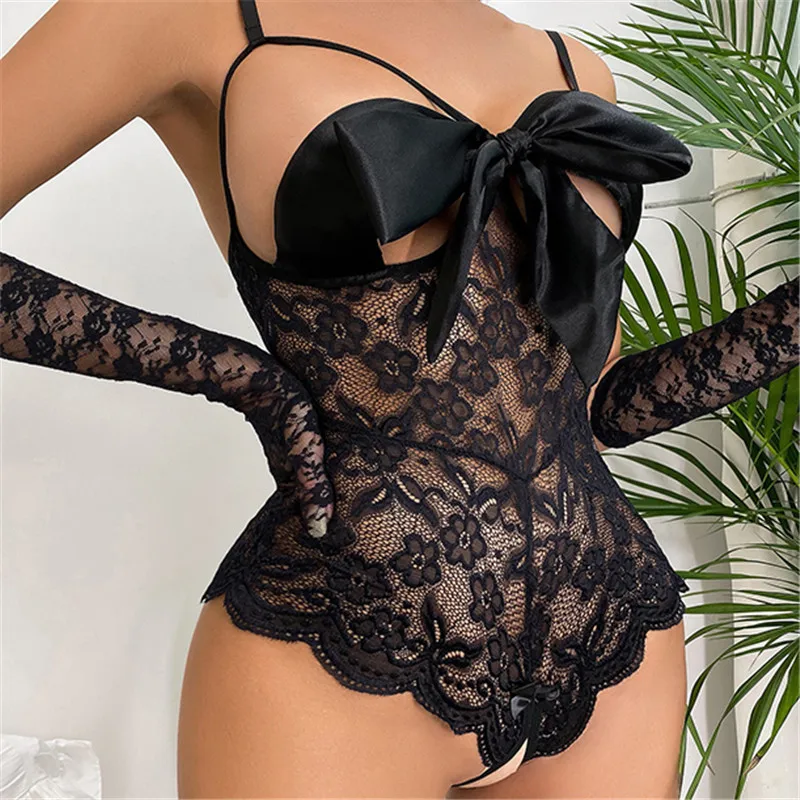 2022 Sexy Lingerie For Woman Lace Transparent Bra Crotchless Bodysuit Female Erotic Costume Sexy Bow-knot Teddy Underwear Set