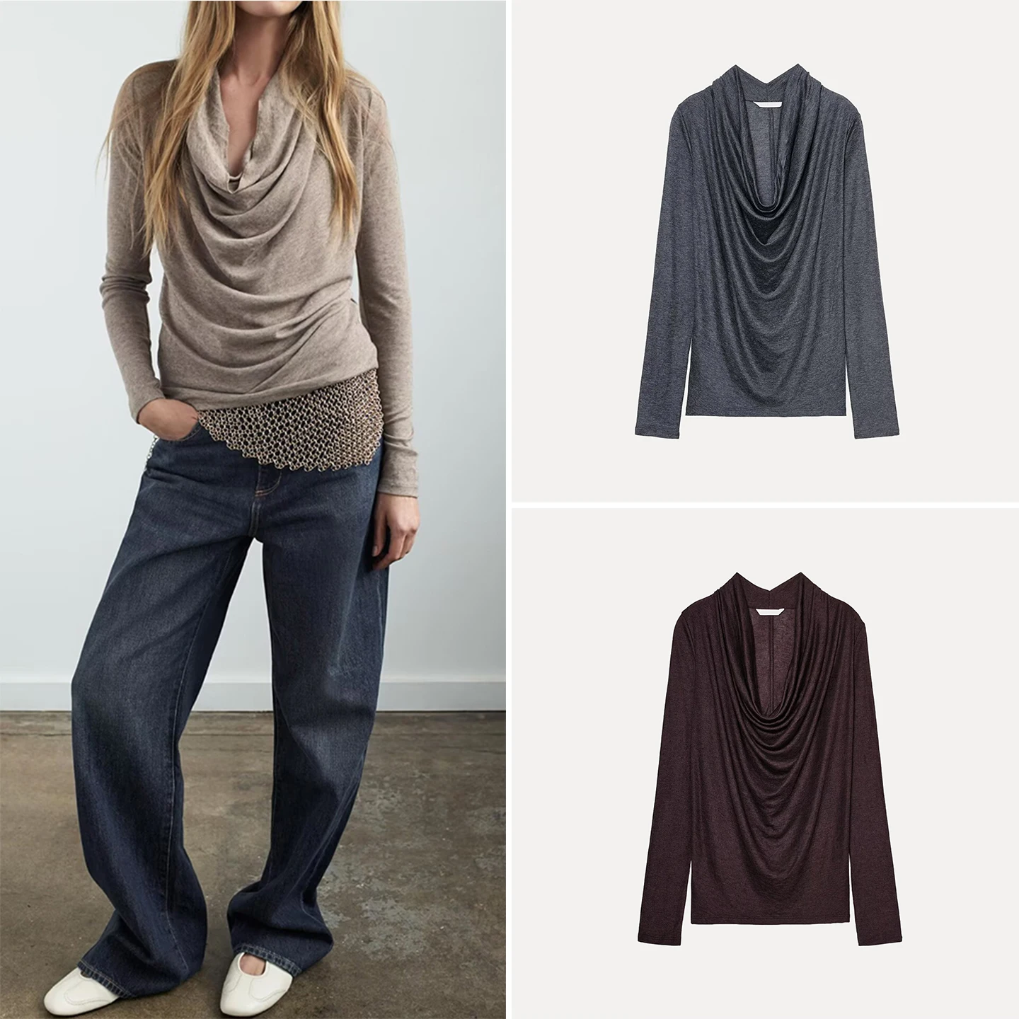 

Женская футболка Z 2025: Новинка, свободный крой, длинный рукав, повседневная, универсальная, с драпированным подолом, европейский стиль