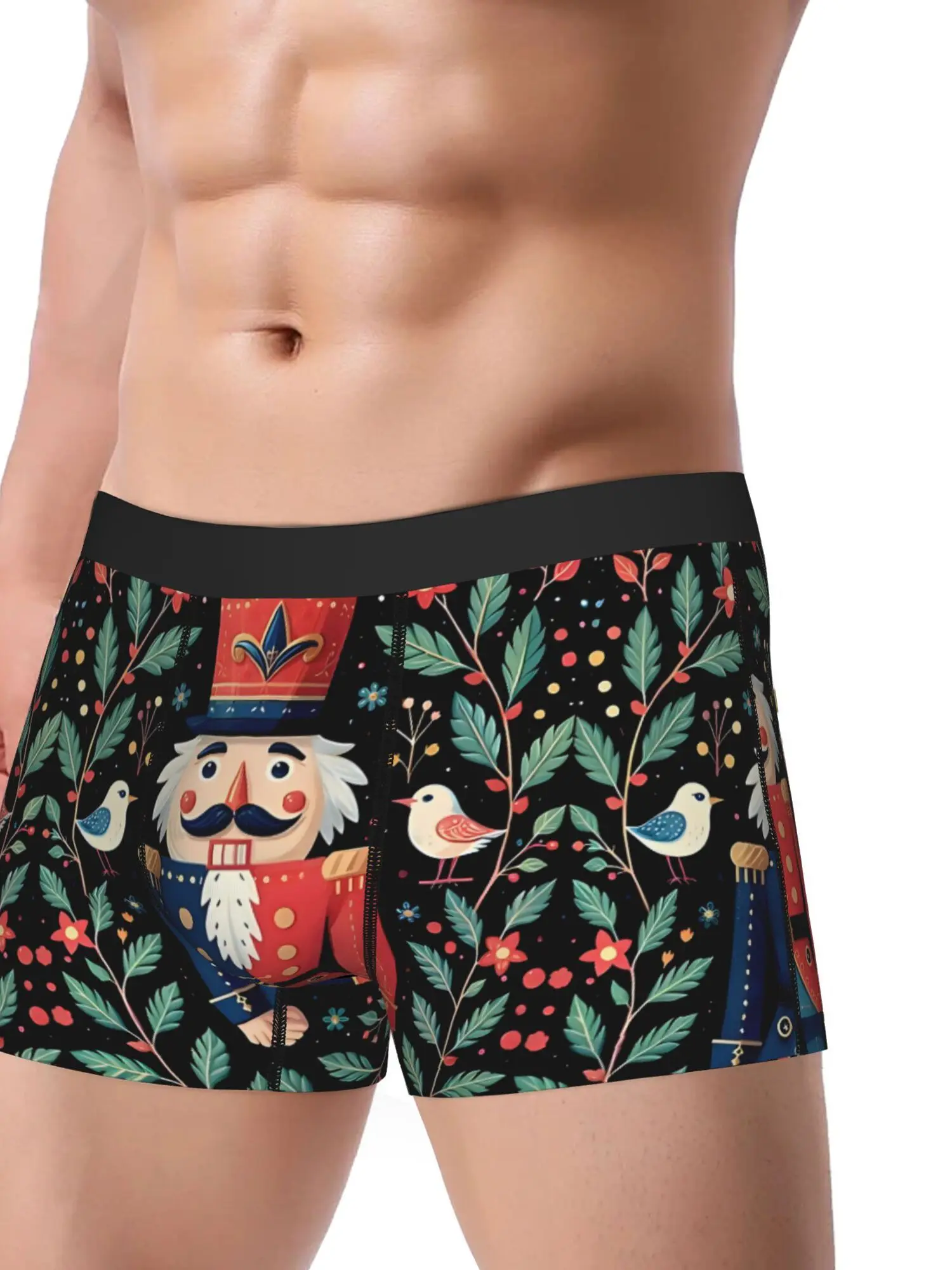 BIIHUDU Men's Nutcracker Soldier Christmas Underwear - Festive Holiday Print Boxer Briefs with Holly Berries & Snowflakes, Mid-S