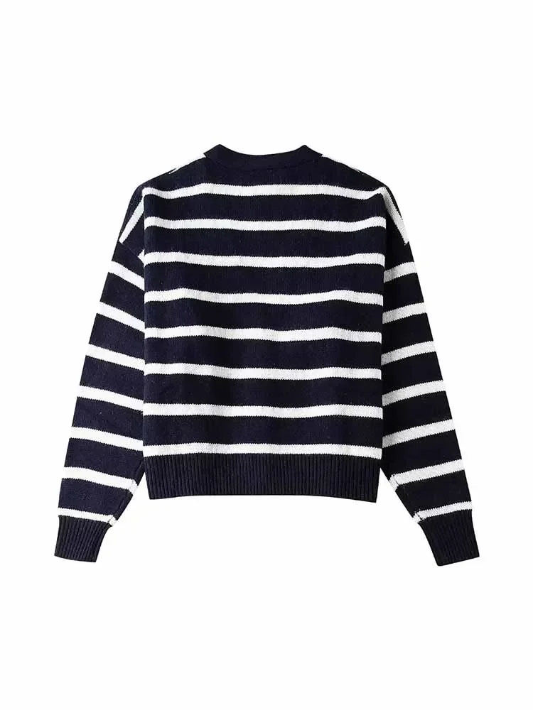 Women New Fashion Pocket decoration Cropped V Neck stripes Knitted Coat Vintage Long Sleeve Button-up Female Outerwear Chic Tops