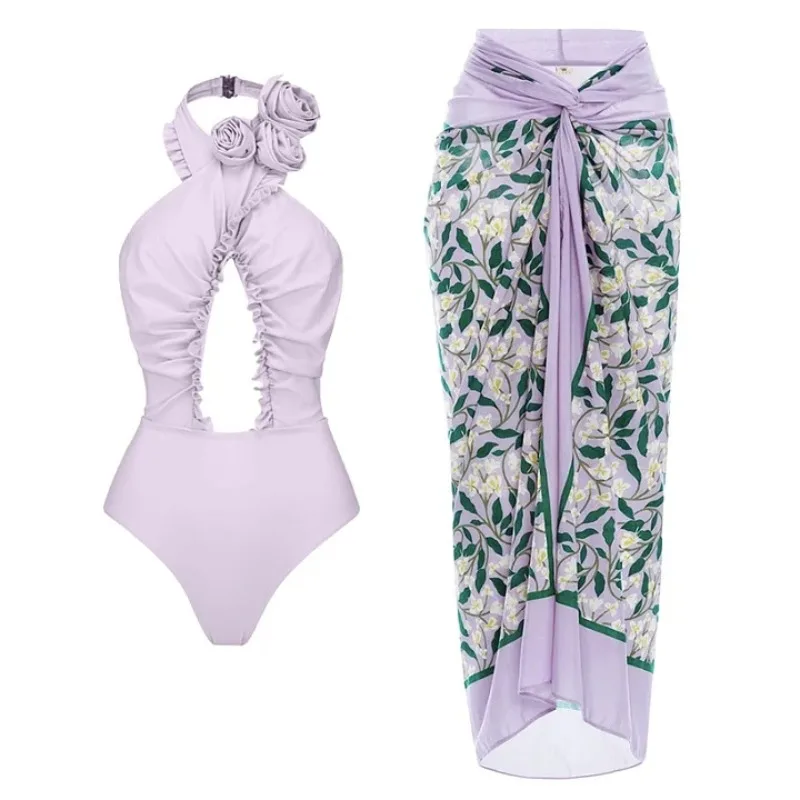 

One Piece Swimsuit For Women European And American One-piece Swimsuit D Flower Neck Halter Swimsuit And Wrap Skirt Suit For Wome