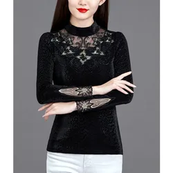 2023 New Autumn and Winter Fashion Western Style Half High Neck with Diamonds Long Sleeve Temperament Commuter Lace Women's Top