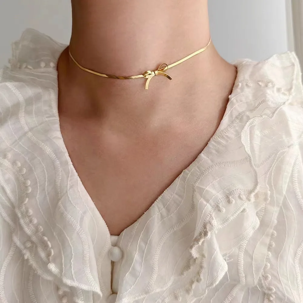 New Temperament Gold Color Stainless Steel Bowknot Bracelet for Women Cute Charm Wedding Bride Jewelry Set Gift Colorfast