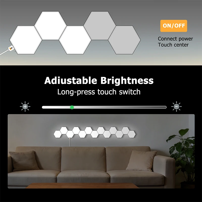 Smart Touch Hexagon LED Wall Light Modular DIY Puzzle Panels Dimmable White Ambient Night Light USB Powered No‑Drill Adhesive Wall Decor & Auxiliary Lighting for Bedroom Gaming Room Living Room