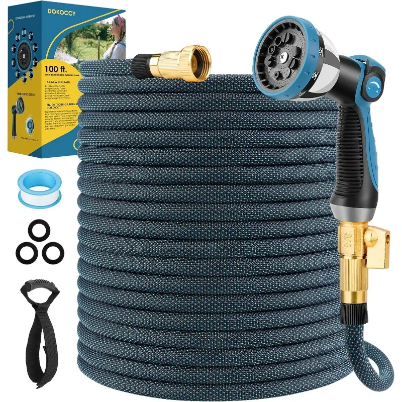 Non-Expanding Garden Hose 100 ft, Flexible Kink Free Water Hose with 10 Watering Spray Nozzle, Portable Storage Strap