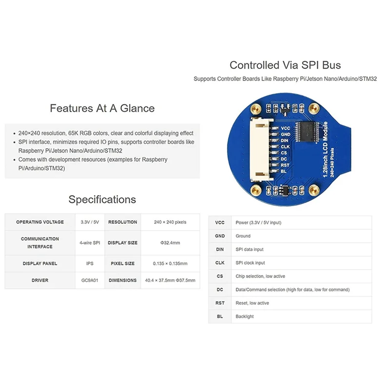 ABKN-3 Pz Modulo schermo LCD display rotondo da 1,28 pollici GC9A01 Comunicazione SPI Supporto colore RGB 65K per Raspberry