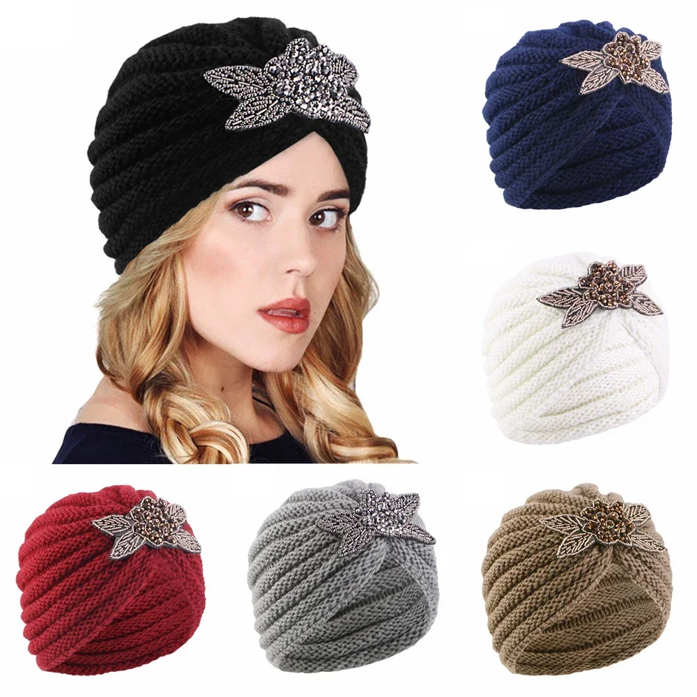 2026 Autumn Winter Diamonds Indian Turban Hat Women Knitted Headscarf Beanies Bonnet Muslim Hijab Head Wrap Chemo Cap Skullies