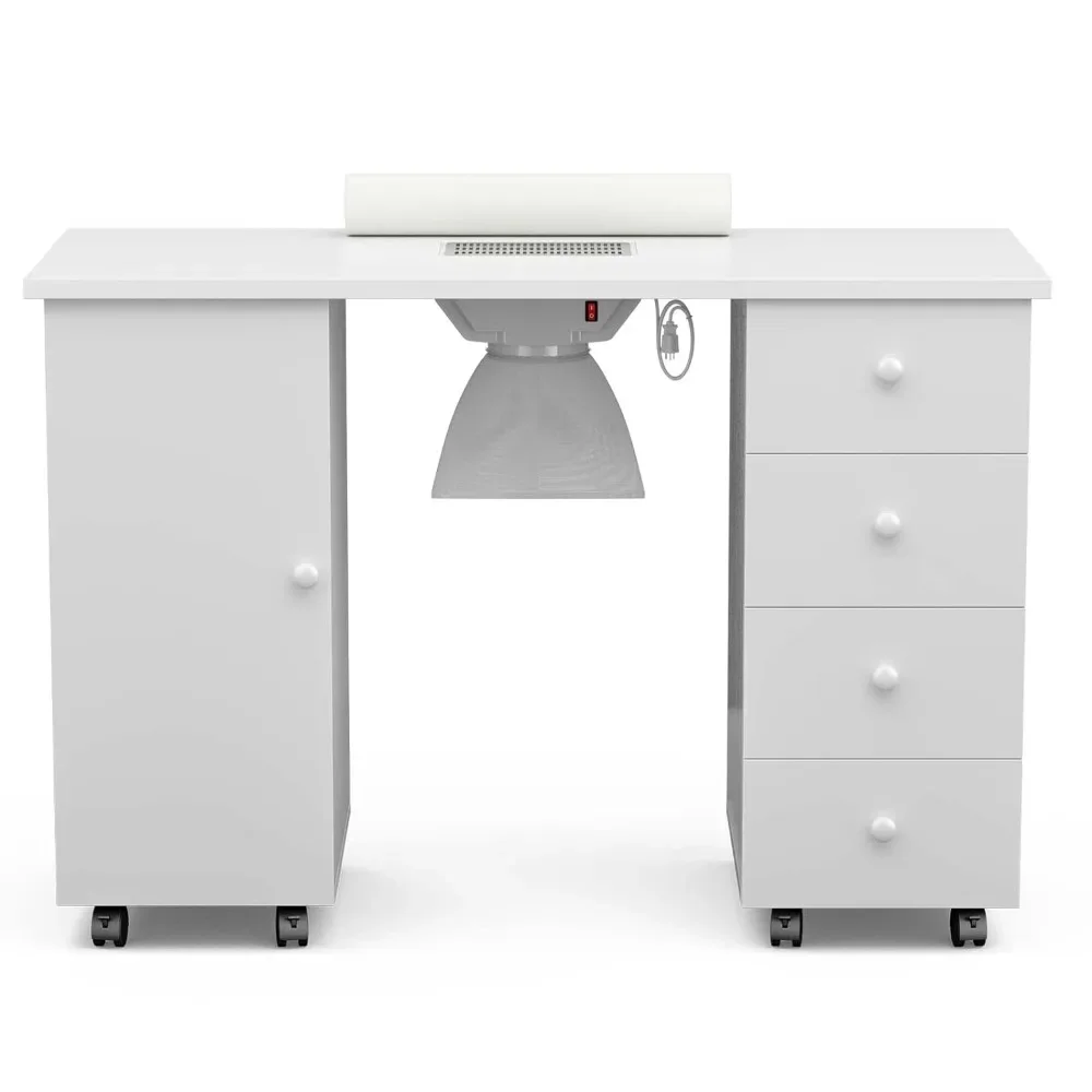 Nail Desk Workstation Nail Art Equipment W/Electric Downdraft Vent, Wrist Cushion, Lockable Wheels, Storage Cabinet & Drawers