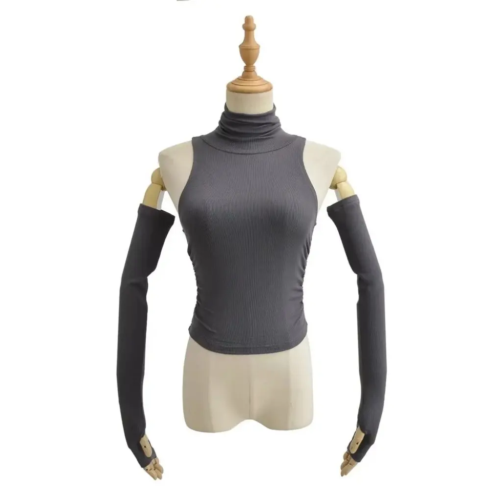 

American INS High Neck Stretch Slim Vest for Women Solid Color Buckle Finger Cuff Pleated Backless Top